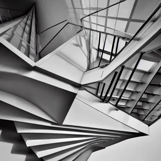 Prompt: postmodern house with mc escher like stairs, realistic award - winning architecture photograph