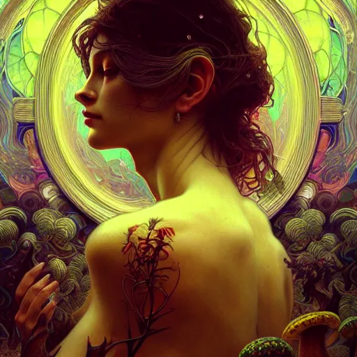 Image similar to An extremely psychedelic experience, surreal, dramatic lighting, magic mushrooms, psilocybin, LSD, face, detailed, intricate, elegant, highly detailed, digital painting, artstation, concept art, smooth, sharp focus, illustration, art by Krenz Cushart and Artem Demura and alphonse mucha