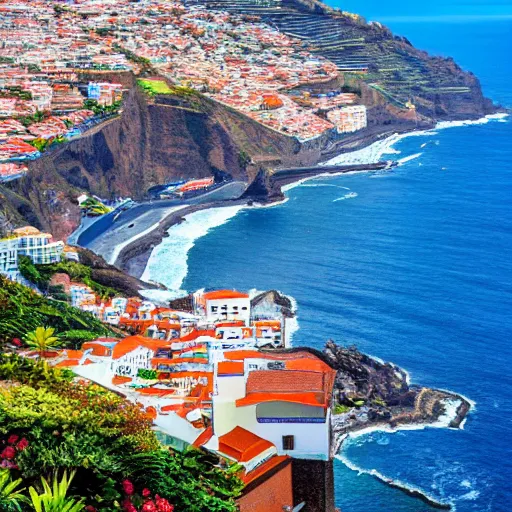Prompt: madeira island, funchal, the bay, very very wide shot, realism, cinematic shot