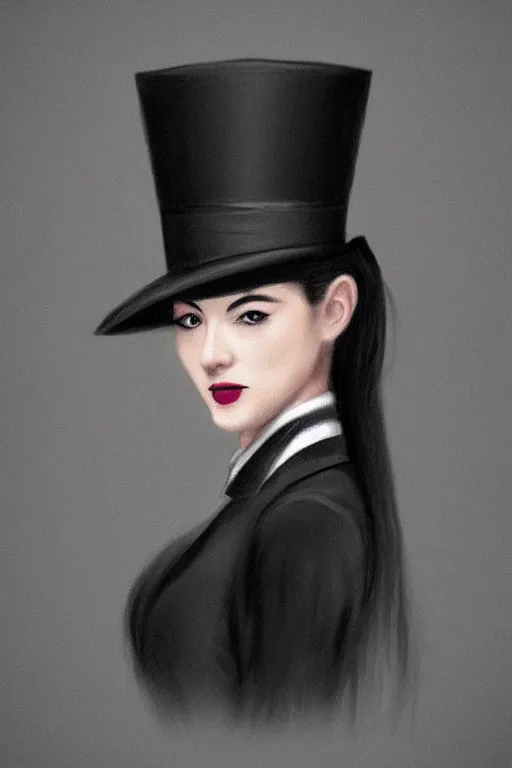 Image similar to elegant long hair lady wearing gentleman suit and tophat, mysterious, portrait, photorealism, noir, dark background