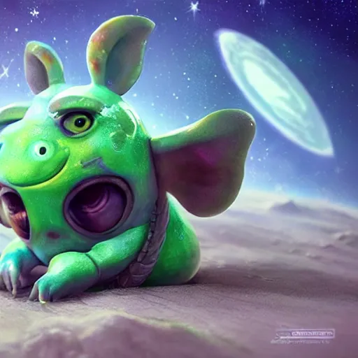 Prompt: 3D Fantasy Cute and adorable alien piggy in space, bright stars, Smooth 3D Illustration, soft render, Servando Lupini, Daniil Kudriavtsev, handpaint texture, Blender, 3DCoat