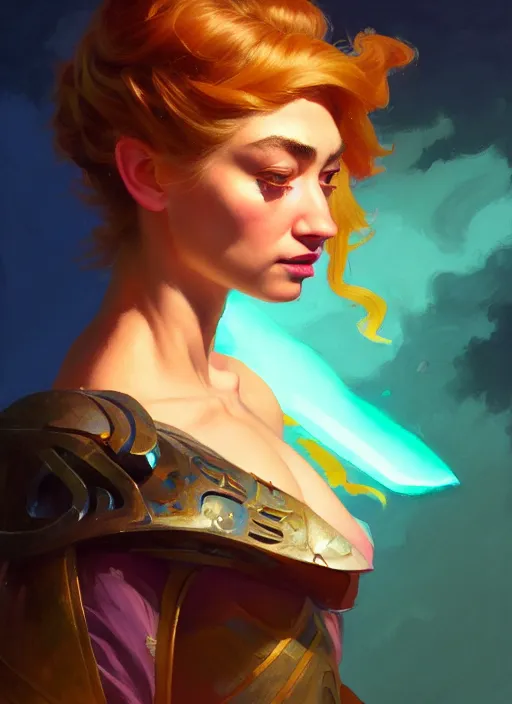 Prompt: side portrait, imogen poots, paladin, fantasy, gloomhaven, luminescent, organic painting, gaudy colors, by greg manchess, huang guangjian, gil elvgren, sachin teng, greg rutkowski, jesper ejsing, ilya kuvshinov