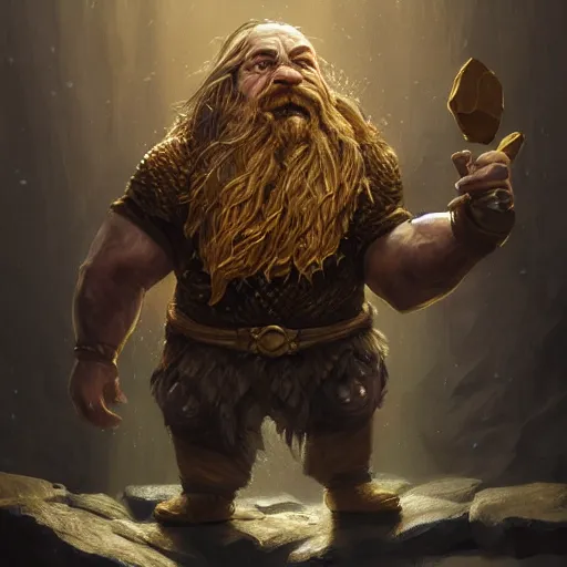 Image similar to portrait of a brutal dwarf hugging the humongous raw, unrefined gold nugget, lump of native gold, realistic, handsome eyes and hands, fantasy art, dnd, lord of the rings, mid - shot, moody lighting, by greg rutkowski, stanley lou, artgerm, trending on artstation, concept art, sharp focus, ray tracing