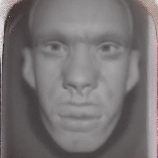 Image similar to a man with slightly distorted facial features, creepy, unsettling, uncanny valley!!!, old polaroid, expired film,