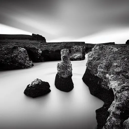 Prompt: minimalist black and white photograph of an icelandic gorge, time exposure, of a river, sharp tall pillars, sharp rocks,