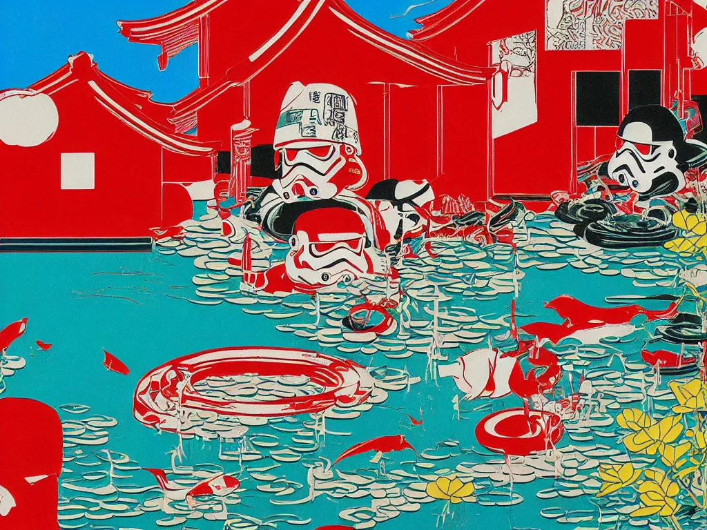 Image similar to close - up image of a japanese red house with a pond, with stormtroopers sitting around it, a combination of pop - art and traditional japanese painting styles, the style of andy warhol, roy lichtenstein and jackie tsai, bright and saturated palette, acrylic on canvas