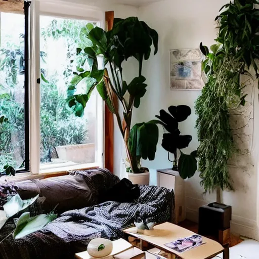 Prompt: a living room with plants and speakers and a painting on the wall, featured on tumblr, light and space, sanctuary, soft light, aesthetic