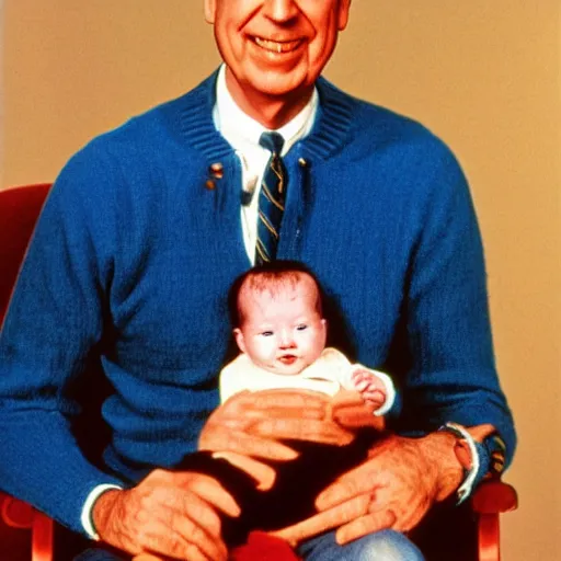 Prompt: mr. rogers proudly displaying an upside - down infant. 1 9 7 0 s studio color photo.