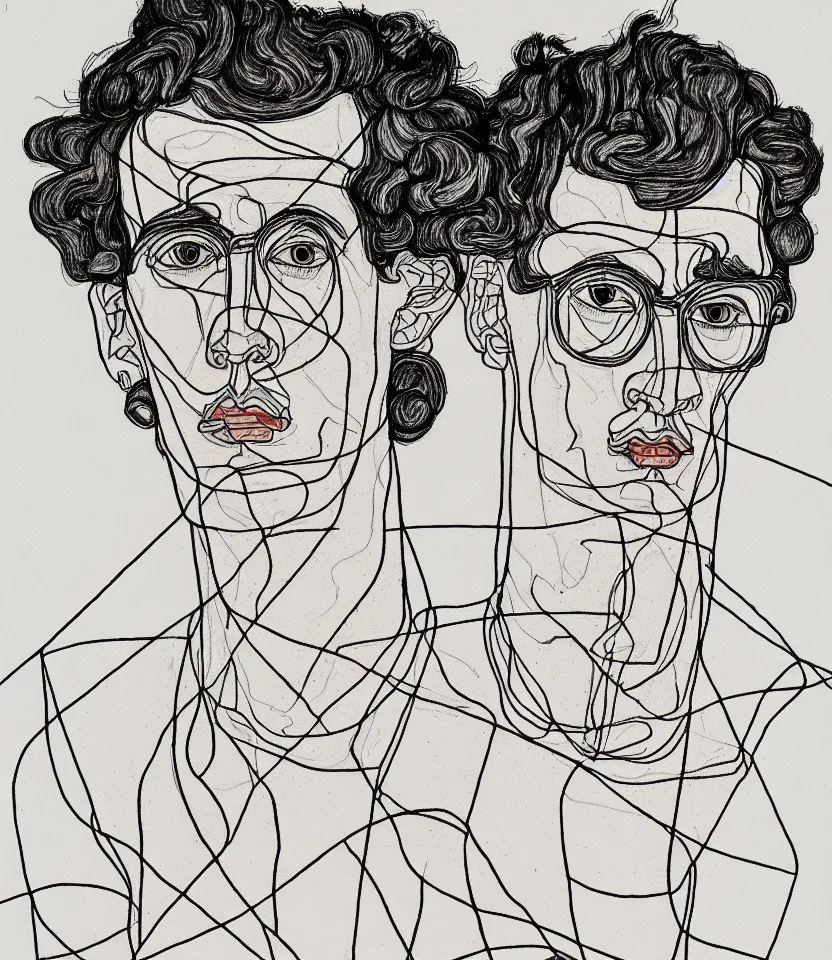 Image similar to detailed line art portrait of johannes eckehart, inspired by egon schiele. caricatural, minimalist, bold contour lines, musicality, soft twirls curls and curves, confident personality, raw emotion