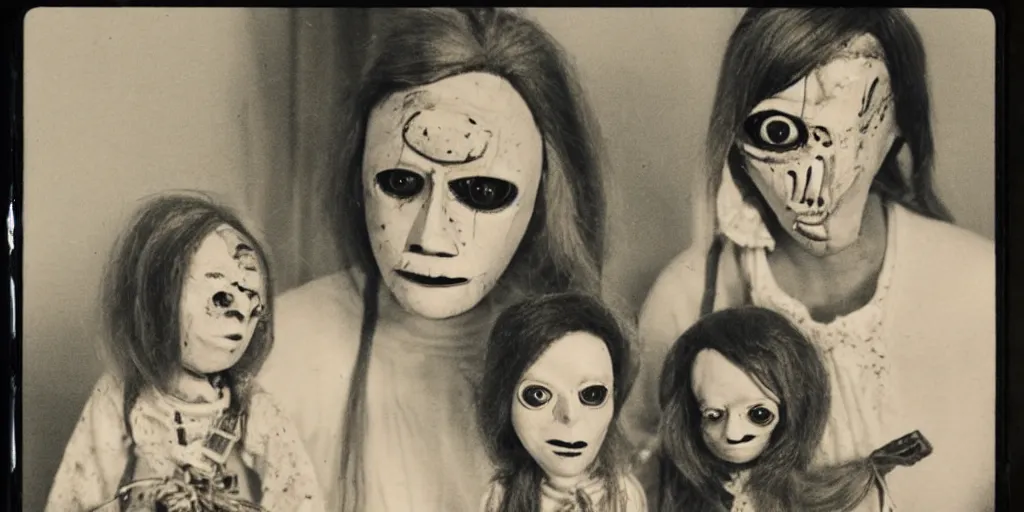 Image similar to 1 9 7 0 s female alive, eerie, creepy masked marionette puppet, unnerving, clockwork horror, pediophobia, lost photograph, dark, forgotten, final photo found before disaster, realistic, family portrait, polaroid,