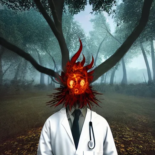 Prompt: An album cover, fire, mask, stethoscope!, (doctor), 3d render, robot!, TV!, (unreal engine), (rust), photograph, portrait, painting, (((forest))), (((trees)))