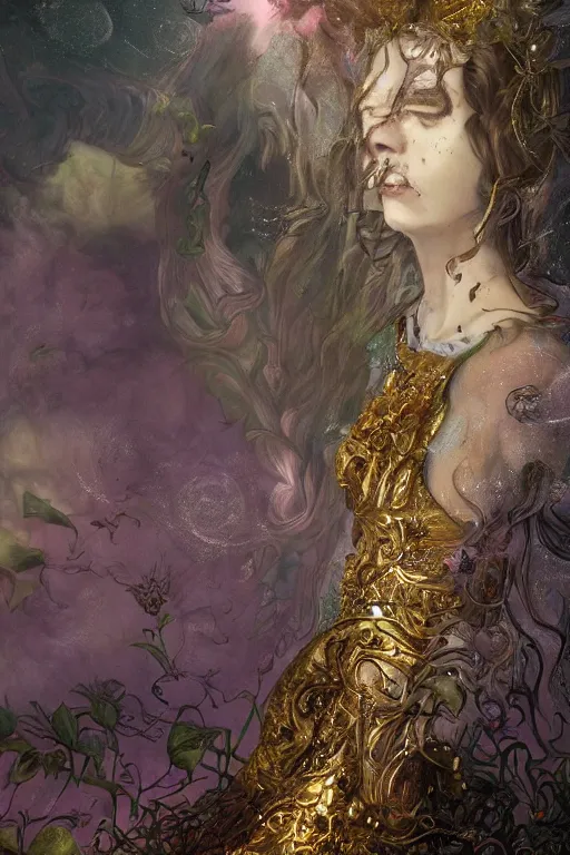 Image similar to elaborately hyperdetailed Surrealist pre-raphaelite illustration of an extremely beautiful regal woman with an imponent crown, eerie mist and ethereal pink bubbles, Aetherpunk, atmospheric lighting, bright background, moonlight, high fantasy professionally painted digital art painting, smooth, sharp focus, highly detailed illustration highlights, backlight, golden ratio, 8K detail post-processing, symmetrical facial features, rich deep moody colors, award winning picture, Daily Deviation on DeviantArt, trending on cgsociety, featured on ArtstationHQ, very coherent symmetrical artwork, concept art