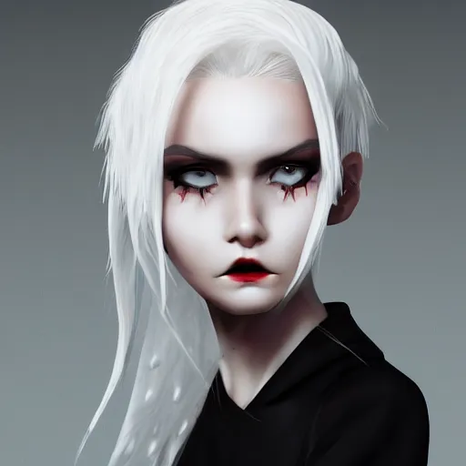 Image similar to Young woman, white hair, black eyes, sharp teeth, pointy ears, pale skin, trending on artstation