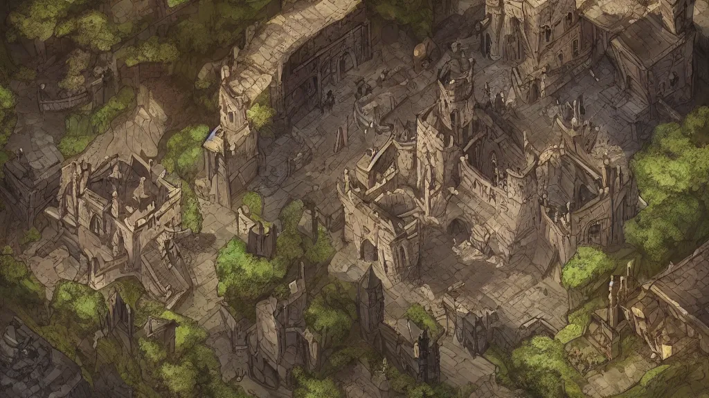 Prompt: wide establishing shot of a dungeons and dragons battle map, top view of inside of a great hall inside a castle, dynamic composition, dramatic lighting, trending on artstation, digital art, stylized painting