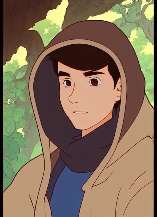 Image similar to teen boy with short brown hair, wearing a hoodie, hood up, natural lighting, path traced, highly detailed, high quality, cartoon, digital painting, by don bluth and ross tran and studio ghibli and alphonse mucha