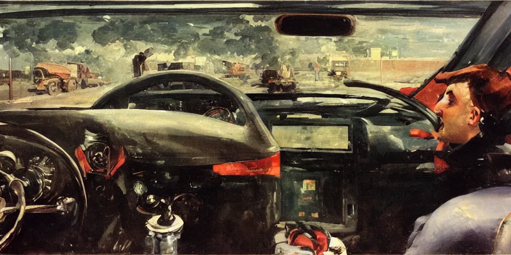 Prompt: inside an automatic carwash; view of the car dashboard and through the windshield; detailed oil painting by winslow homer, 1923; wide angle