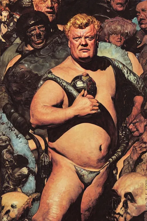 Image similar to baron harkonnen, plain background, painted by jack kirby, lawrence alma tadema, norman rockwell, greg staples, wayne barlow, neville page