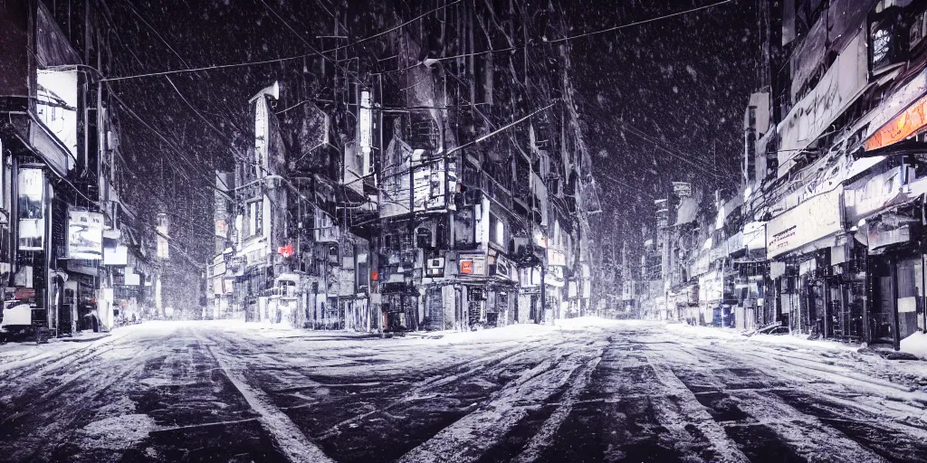 Image similar to a city street at night, snowing, photograph, cyberpunk, sharp focus, intricate detail, Desolate, drone shot, high resolution, 8k, neon streetlights, wires hanging down everywhere