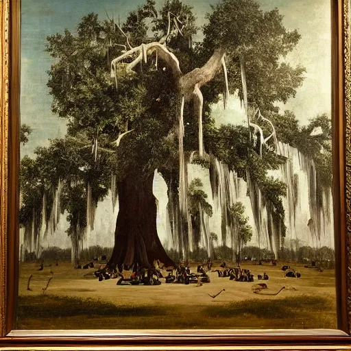 Image similar to huge tree with a lot of hung bodies, southern gothic art, 1 9 th century scene, painted by friedrich caspar david