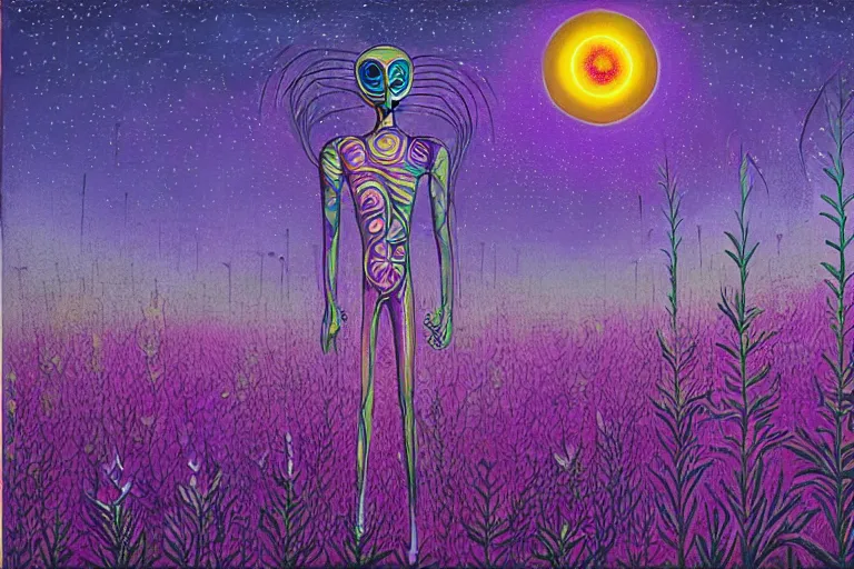 Prompt: a painting of a extraterrestrial alien lost in a meadow, alex grey, tall plants, purple lighting, night sky, glows, moonlight,