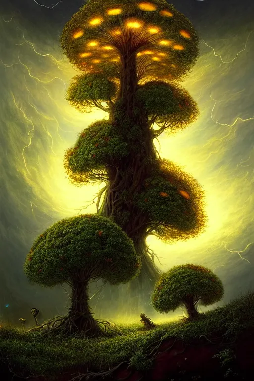 Image similar to a beautiful digital illustration painting of a detailed foreboding skies fantasy fireflies and roots, dark mushroom, flowers by benoit b. mandelbrot, steven belledin, martin johnson heade, lee madgwick, caspar david friedrich, and david rios ferreira. 8 k resolution trending on artstation concept art digital illustration