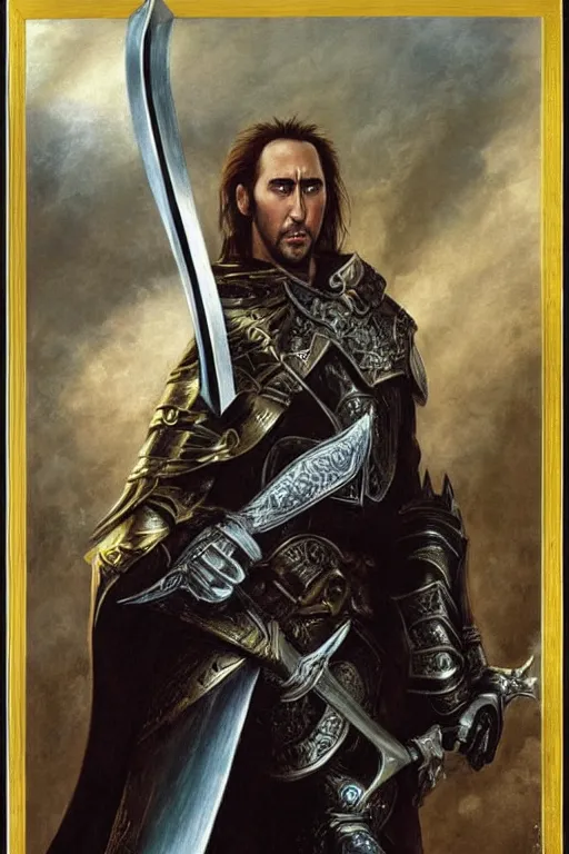 Prompt: Nicholas Cage as a paladin holding a longsword, detailed fantasy art by Gerald Brom