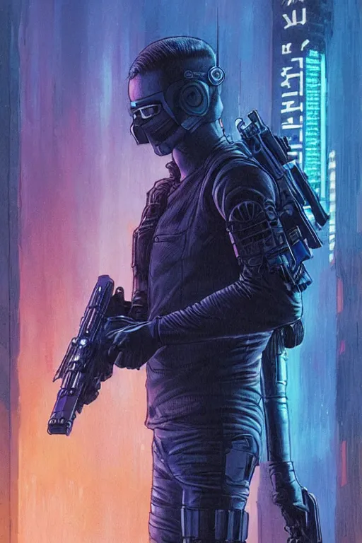 Prompt: Deadly blackops mercenary. cyberpunk. Blade Runner 2049. concept art by James Gurney and Mœbius.