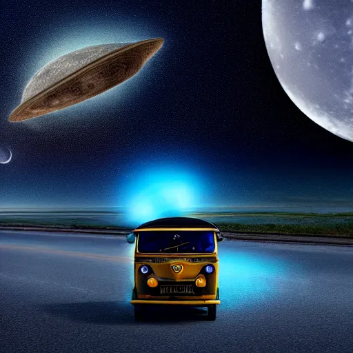 Prompt: a dark blue tuk tuk floating across the night sky, science fiction, milky way, moon, matte painting, concept art, 4k