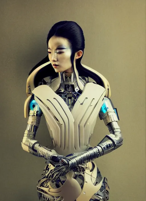 Image similar to portrait of a futuristic geisha cyborg, kintsugi, modern fine art, fractal, intricate, elegant, highly detailed, digital photography, subsurface scattering, by jheronimus bosch and greg rutkowski,