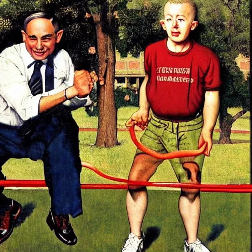 Image similar to benjamin netanyahu jumping a skip rope in a public park by norman rockwell