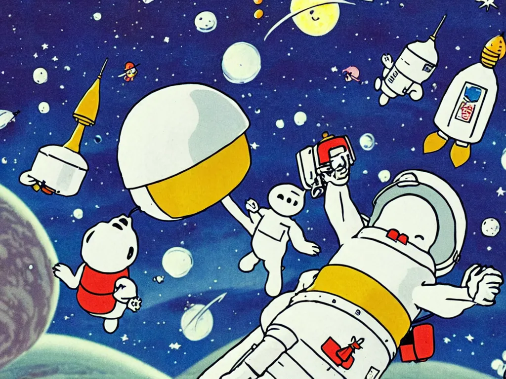 Image similar to moomins in space suits flying around with jetpacks discovering the mushroom planet