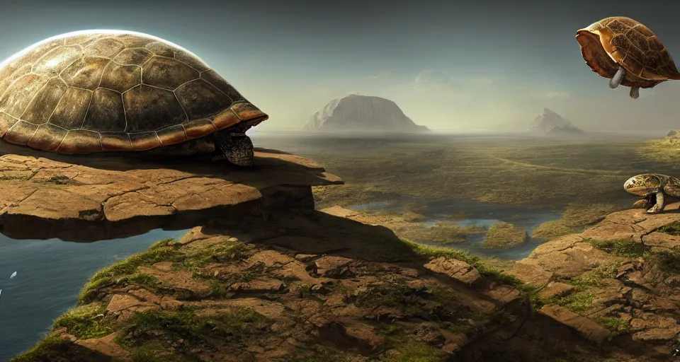 Image similar to the diskworld, flat earth on a colossal turtle's back, realistic, matte painting, unreal engine, 8k, wide angle, f12, paul kidby, james gurney and greg rutkowski, trending on artstation