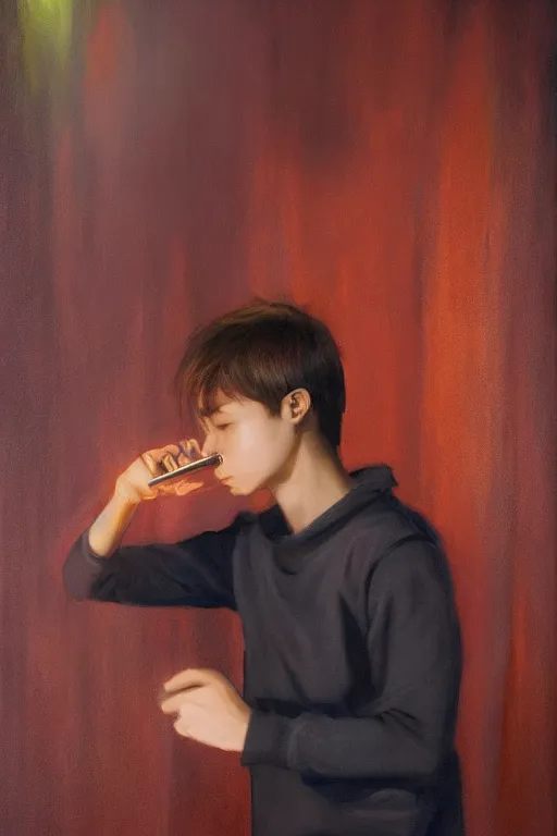 Image similar to realistic detailed full body picture of a sad finnish boy dancing in a south korean night club with a phone in hand, short brown hair, big eyes, masculine jawline, colorful, oil painting, cinematic lighting