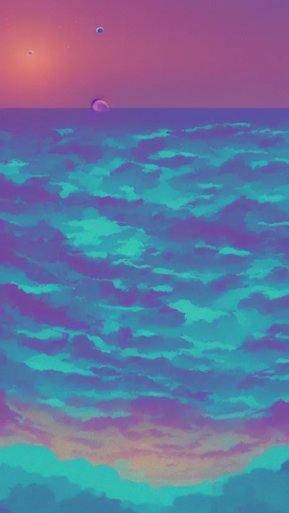 Image similar to beach horizon view of the ocean on an alien planet, vaporwave ocean, planet in space over the horizon, trending on artstation, digital art by beeple
