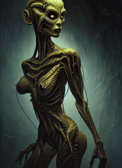 Prompt: ultra realist horror painting of a dimly lit attractive alien female and hellish creature together, very intricate details, focus, curvy figure, model pose, full frame image, artstyle hiraku tanaka and craig mullins, award winning