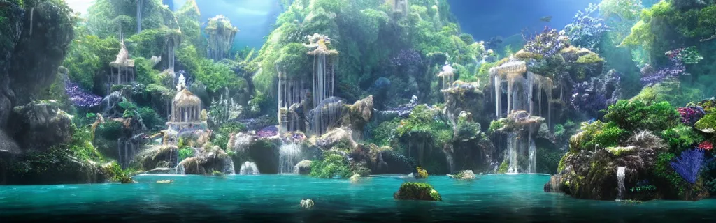 Prompt: a ultra realistic cg rendering of underwater wonderland, dream, magnificent palace, serene landscape, by yoshitaka amano ， unreal engine ， 4 k resolution,