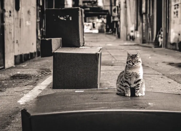 Image similar to photography of a Cat sitting on a box. in a cyberpunk street, award winning photo, 100mm, sharp, high res
