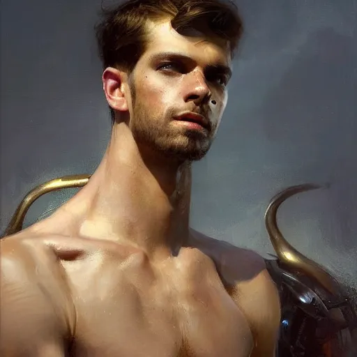 Prompt: handsome portrait of a young guy fitness posing, war hero, lanky, radiant light, caustics, reflective light, by gaston bussiere, bayard wu, greg rutkowski, giger, maxim verehin