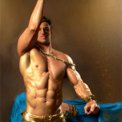 Prompt: detailed realistic cinematic wide shot of beautiful attractive muscular jeff bezos doing zyzz pose with gold chain wearing blue bath robe slim face symettrical face clean skin black eyes black robe smooth, sharp focus, ultra realistic, spring light, painting by gaston bussiere, craig mullins, j. c. leyendecker