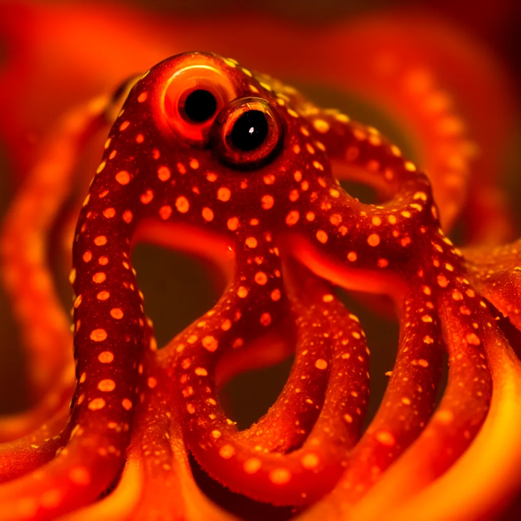 Image similar to fiery whimsical emotional eyes cephalopod, in a photorealistic macro photograph with shallow dof