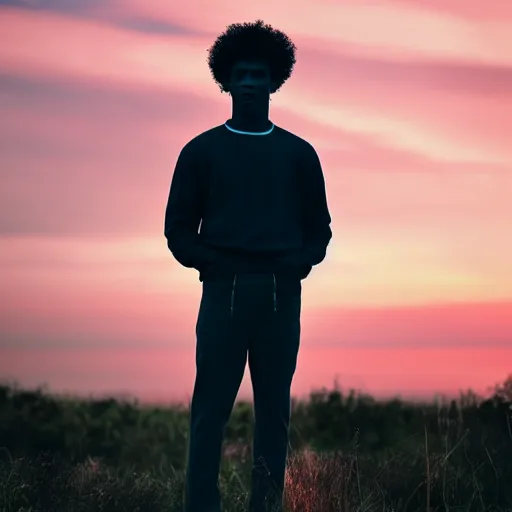 Image similar to dark skin man with curly hair, standing alone in nature, sunset, backlit, contemplative, dreamy, pastel colors, youthful, fairylike