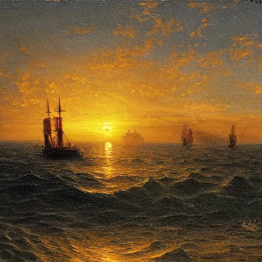 Image similar to medieval ship on the sea, sunset, painting style, achenbach