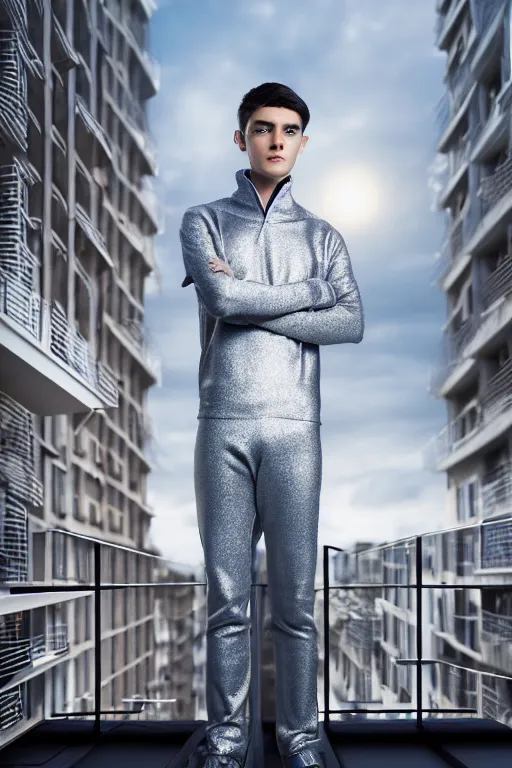 Image similar to un ultra high definition studio quality photographic art portrait of a young man standing on the rooftop of a british apartment building wearing soft padded silver pearlescent clothing. three point light. extremely detailed. golden ratio, ray tracing, volumetric light, shallow depth of field. set dressed.