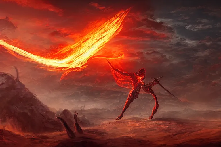 Prompt: Mythical Sword of Fire Flying through a Desolate Battlefield, digital art, fantasy, magic, celshaded, professional illustration, arcane, ultra detailed