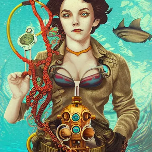 Prompt: lofi underwater bioshock steampunk selfie, octopus, Pixar style, by Tristan Eaton Stanley Artgerm and Tom Bagshaw.