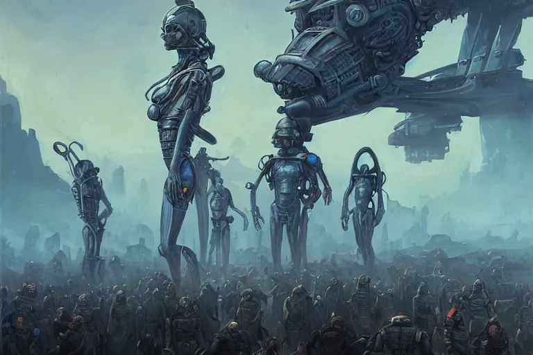 Image similar to ancient alien portral, a crowd of androids, in mad max style, stargate, coriolios rpg art style, full of details, dark sci - fi, cold blue colors, matte painting, artstation, 8 k, hyperrealistic, style of peter mohrbacher