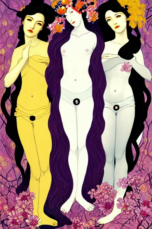 Image similar to 3 Spring Deities, (one representing each month of March, April, and May), in a style blending Æon Flux, Peter Chung, Shepard Fairey, Botticelli, Ivan Bolivian, and John Singer Sargent, inspired by pre-raphaelite paintings, shoujo manga, and unique street fashion, dramatically blossoming flora and fauna, petals falling everywhere, pastel vivid triad colors, hyper detailed, super fine inking lines, ethereal and otherworldly, 4K extremely photorealistic, Arnold render