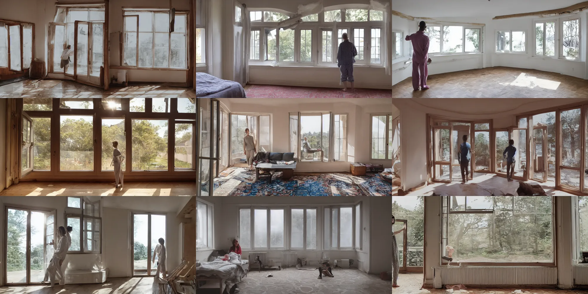 Prompt: person in pyjamas standing near window, turned back to camera, cinematographic, sun rays, daylight, big french door window with walls to the sides, windowsill, big spacious room, carpet at the floor, wide shot, furnished room, anamorphic shot lens, window at the center, wooden floor, modern, photorealistic, high ceiling