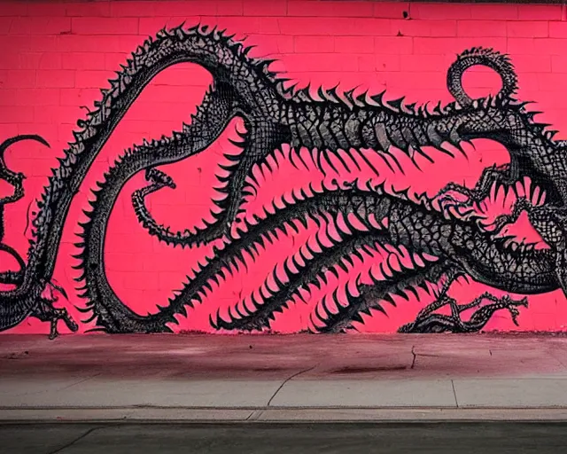 Prompt: 16k footage of a wall that has some lovecraftian graffiti on it inspired by wretched dragon rib cage. lovecraftian graffiti in red and black colors. the art is cursed and ecrusted with jewels.