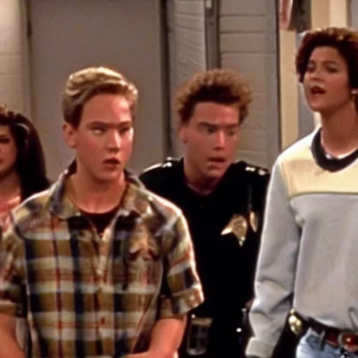 Prompt: a still of zack morris from saved by the bell, handcuffed and being escorted by police in the halls of bayside high as slater, kelly, jessie and lisa watch in horror, television screenshot